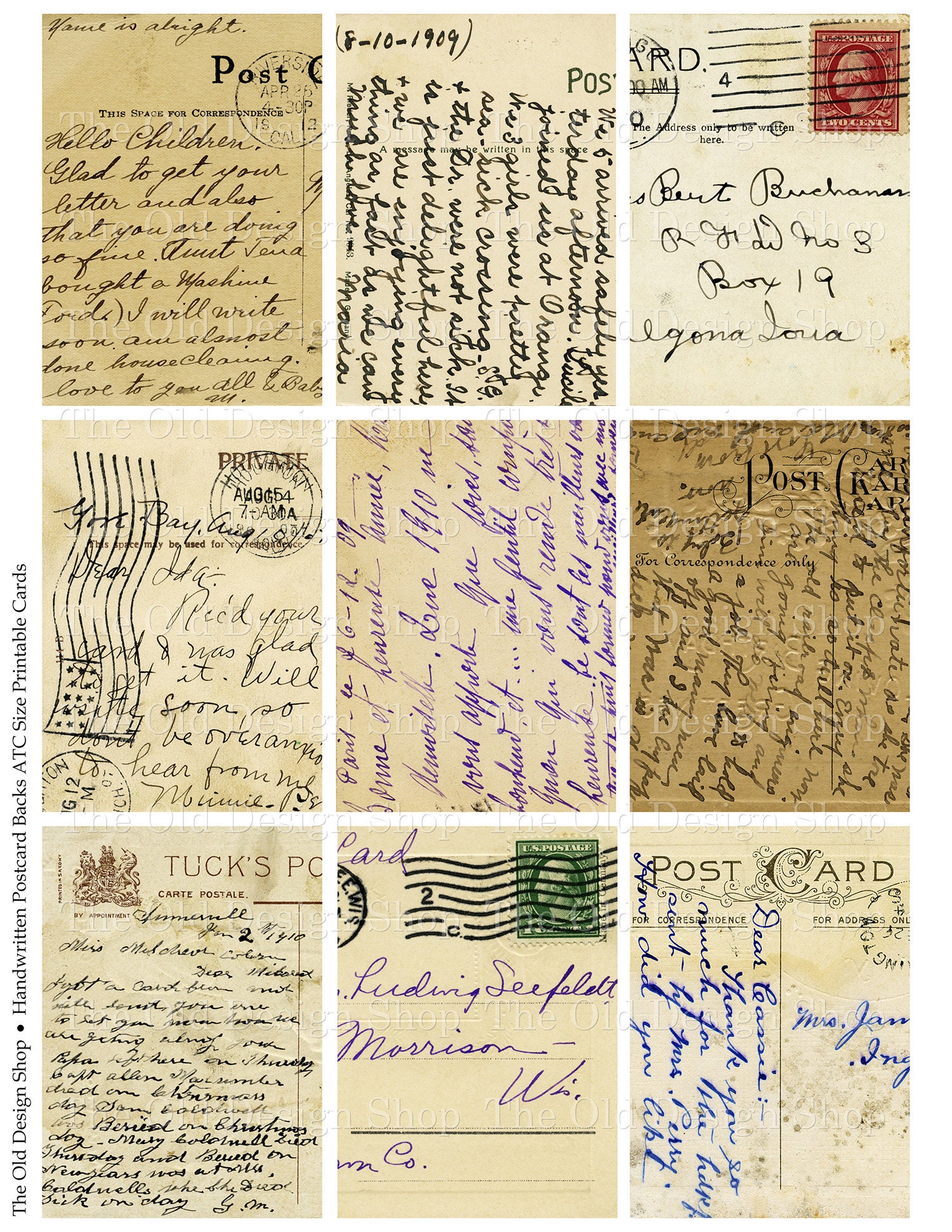 Postcard Back Notes Vintage Postcard Backs Printable Handwritten Ephemera ATC Journal Cards ...