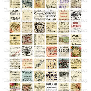 Afdrukbare Franse Ephemera Inchie One Inch Squares Vintage Ephemera for Junk Journals Cardmaking Supply Digitale Download JPG-formaat