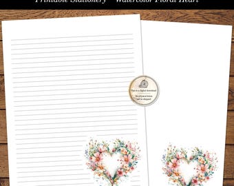 Floral Heart Printable Letter Writing Stationery Watercolor Flower Heart Romantic Letter Lined & Unlined Stationary Digital Download PDF