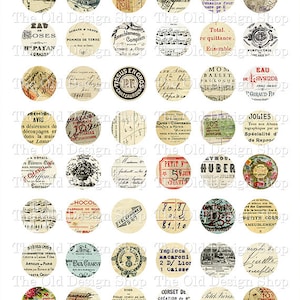Éphémères Français vintage imprimables cercles de 1 pouce pour journaux indésirables, fabrication de cartes, fourniture de bijoux, feuille de collage numérique au format JPG