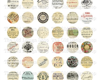 Printable Vintage French Ephemera 1 inch Circles for Junk Journals Cardmaking Supply Jewelery Making Digital Collage Sheet JPG Format