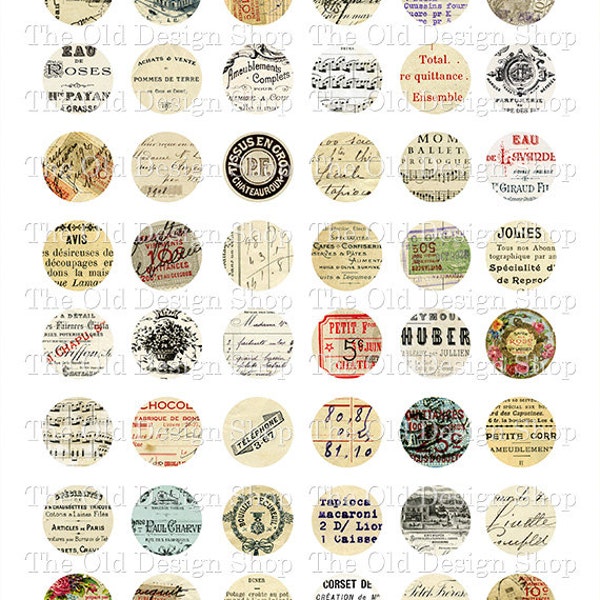 Vintage French Ephemera 1 inch Circles Printable Digital Collage Sheet