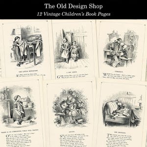 May include: A collection of 12 vintage children's book pages featuring black and white illustrations of children in various scenes. The pages have a cream background and are printed with black text. The illustrations depict children playing, working, and interacting with each other. The text on the pages includes titles such as "The Little Housewife", "A Shy Child", "Curiosity", "There is No Foreseeing What Will Happen", "Loving", and "The Dustman".