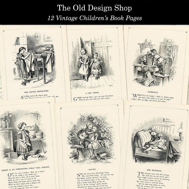 May include: A collection of 12 vintage children's book pages featuring black and white illustrations of children in various scenes. The pages have a cream background and are printed with black text. The illustrations depict children playing, working, and interacting with each other. The text on the pages includes titles such as "The Little Housewife", "A Shy Child", "Curiosity", "There is No Foreseeing What Will Happen", "Loving", and "The Dustman".