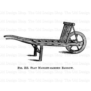 May include: A black and white line drawing of a flat market garden barrow. The barrow has a single wheel and two handles. The text "FIG. 218. FLAT MARKET-GARDEN BARROW." is below the image.