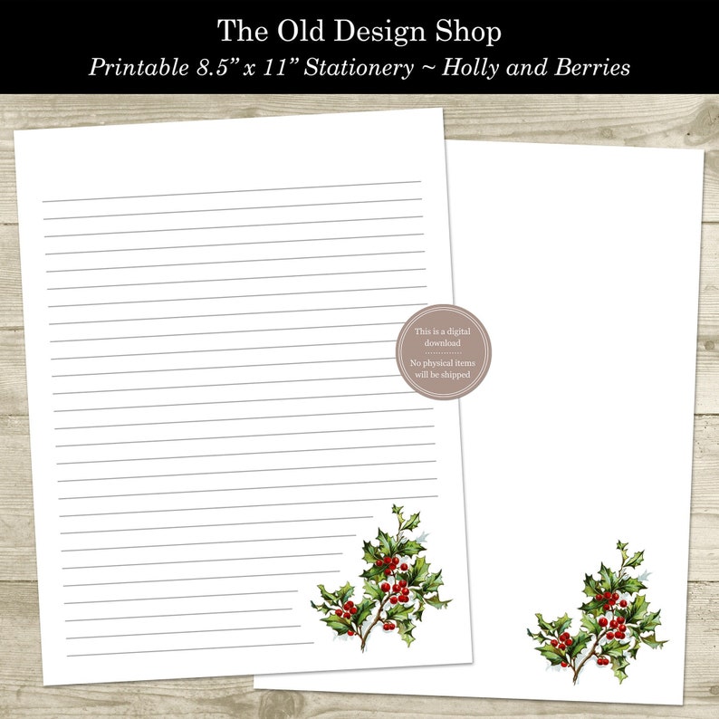 Printable Christmas Stationery Holly and Berries Merry Christmas 8.5 x 11 Writing Paper for Letter Writer Penpal Digital Download PDF File 画像 1