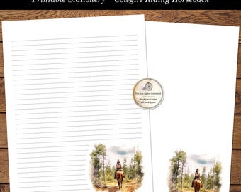 Horseback Printable Letter Writing Stationery Watercolor Cowgirl Riding Horse Lined & Unlined Stationary Digital Download PDF Format