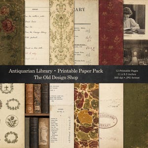 Op de afbeelding: Een digitale collectie van 12 printbare vellen papier met antieke bibliotheekthema's, waaronder bloemmotieven, gemarmerde texturen, handgeschreven grootboekpagina's, boekruggen en historische zwart-witfoto's van mensen en interieurs.