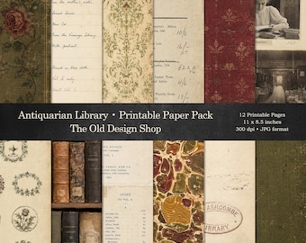 Vintage Library Paper Pack, Printable Junk Journal Papers, Antiquarian Library, Digital Download