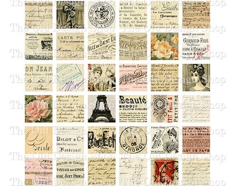 Vintage French 1" Squares Printable Neutral Ephemera for Junk Journals Cardmaking Mixed Media Paper Crafts Digital Download JPG Format