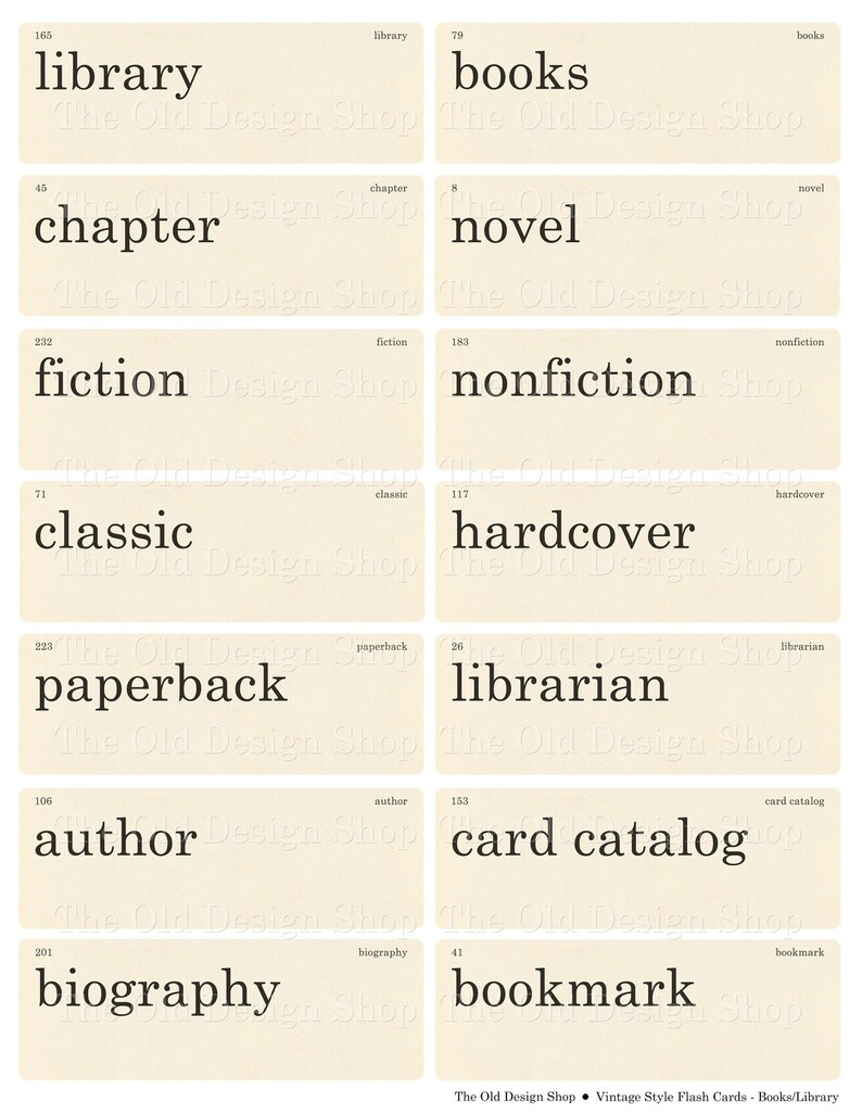 Book Library Theme Flashcards Printable Vintage Retro Style - Etsy