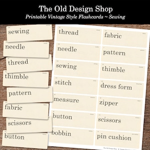 Nähen Flashcards druckbare Junk Journal Ephemera Retro Vintage Flash Karte nähen Flashcard Wörter Clipart Kartenherstellung Versorgung digitaler Download