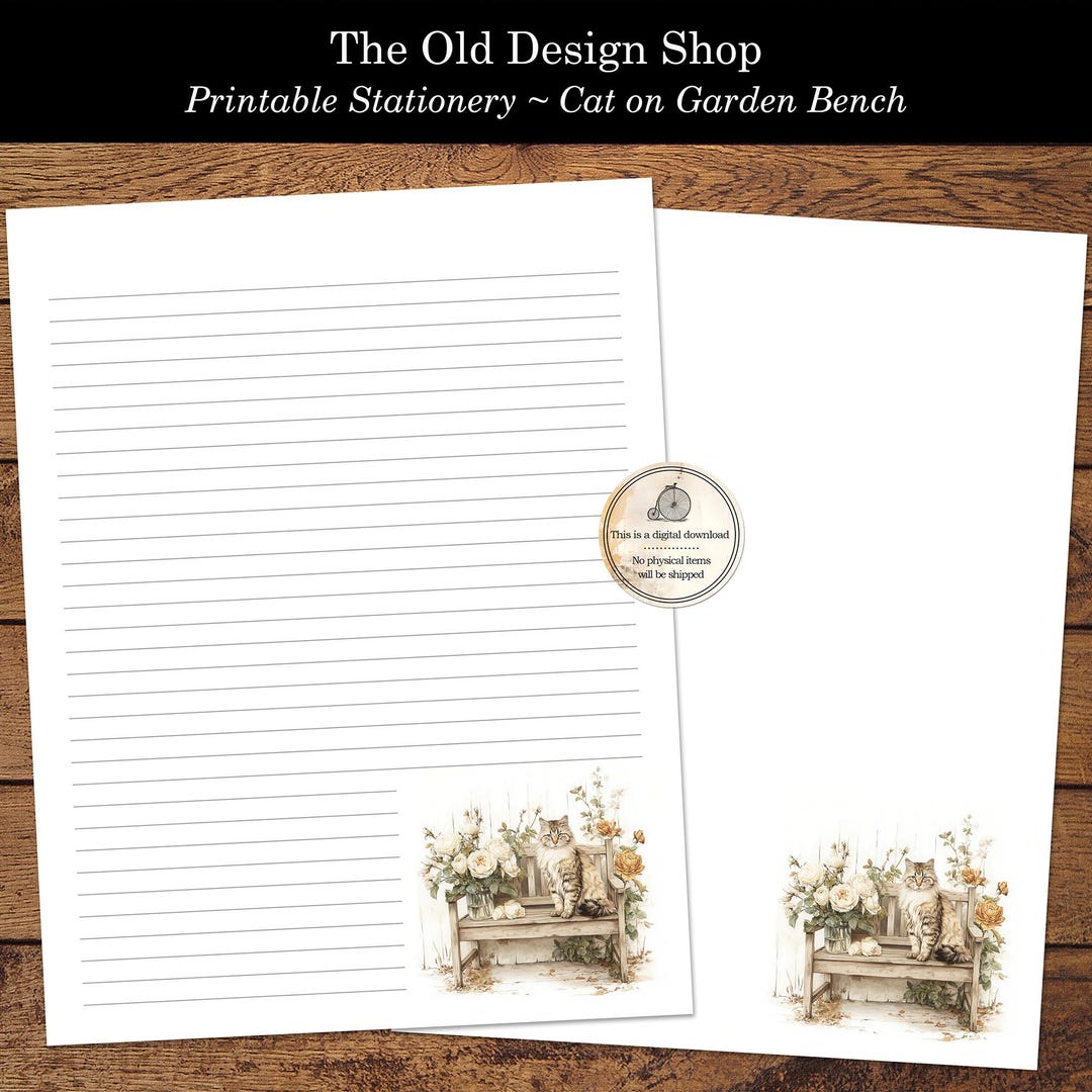 Cat on Garden Bench Printable Stationery Set Lined and Unlined ...