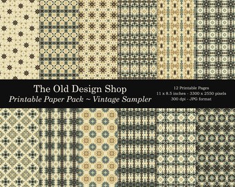 Vintage Sampler Digital Paper Printable Blue and Honeycomb Hues Patterned Paper Pack Junk Journal Endpapers Cardmaking Supply JPG Format