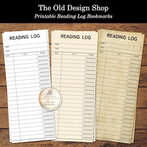 May include: Three printable reading log bookmarks with a vintage aesthetic. Each bookmark has a header that says "Reading Log" and includes columns for name, year, date, title, and rating. The rating column has a five-star rating system.