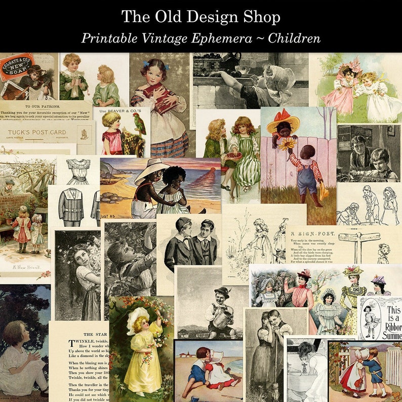 May include: A digital collage of vintage illustrations featuring children. The images include children playing, children in various clothing, and children in different settings. The images are in black and white and sepia tones. The images are arranged in a grid pattern. The text "The Old Design Shop" and "Printable Vintage Ephemera ~ Children" is at the top of the collage.