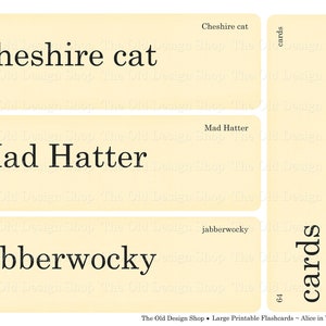May include: Three vintage-style flashcards with black text on a cream background. The cards feature the phrases "Cheshire cat", "Mad Hatter", and "jabberwocky". The words "cards" and the number "64" are also visible.