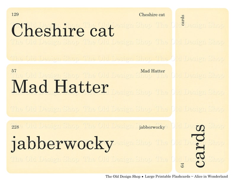May include: Three vintage-style flashcards with black text on a cream background. The cards feature the phrases "Cheshire cat", "Mad Hatter", and "jabberwocky". The words "cards" and the number "64" are also visible.