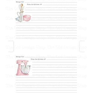 May include: White recipe cards with lined spaces for writing. Watercolour illustrations include a pink mixer, a jug with utensils, and a pink bowl. Text reads "Recipe for:" and "From the Kitchen of:" at the top. The Old Design Shop.