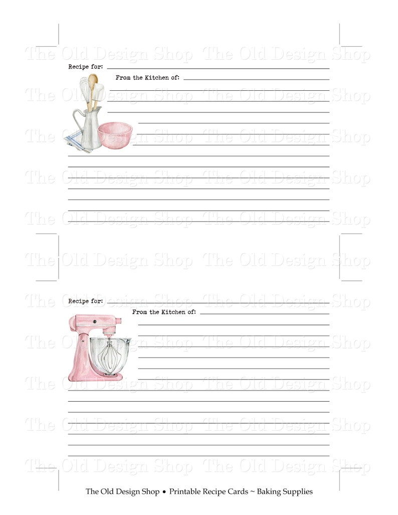 May include: White recipe cards with lined spaces for writing. Watercolour illustrations include a pink mixer, a jug with utensils, and a pink bowl. Text reads "Recipe for:" and "From the Kitchen of:" at the top. The Old Design Shop.