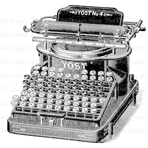 May include: A vintage black and white illustration of a Yost No. 4 typewriter. The typewriter has a round, black base with a metal carriage and a keyboard with keys labeled with letters and numbers. The typewriter has a lever on the right side and a lever on the left side.