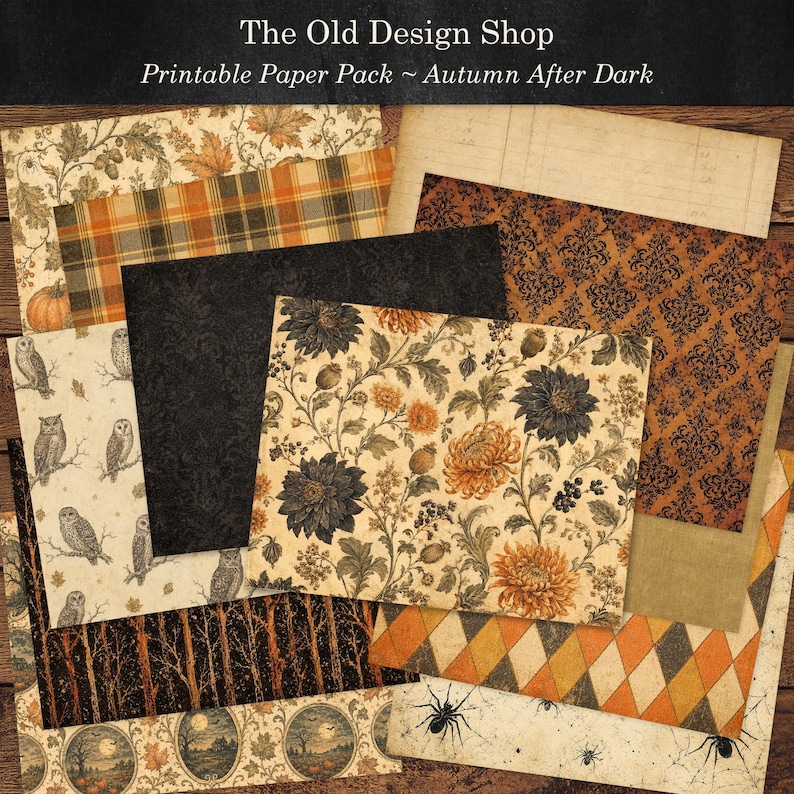 K&ouml;nnte beinhalten: Eine Sammlung bedruckbarer Papierb&ouml;gen mit dem Titel The Old Design Shop Printable Paper Pack ~ Autumn After Dark. Die Papiere zeigen Muster mit orangefarbenen K&uuml;rbissen, Eulen, schwarzem Damast, Herbstblumen, Karos, Rauten und Spinnen auf gealtertem Papier.