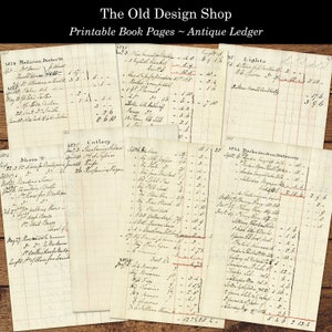 May include: Close-up of several pages from an antique ledger book. The pages are yellowed with age and have handwritten entries in black ink. The entries include dates, names, and numbers. The pages are labeled with headings such as "Medicine, Doctor", "Shoes", "Cutlery", "Lights", and "Books, Binding, Stationary".
