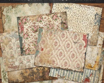 Vintage Worn Wallpaper Digital Paper Pack, Shabby Rose Paper, Grunge Printable, Junk Journal Signatures