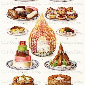 Illustrazioni di dessert al forno Pagina del vecchio libro stampabile per diario di ricette Fornitura di cartoline Grafica alimentare vintage Pagina di ricettario per uso commerciale