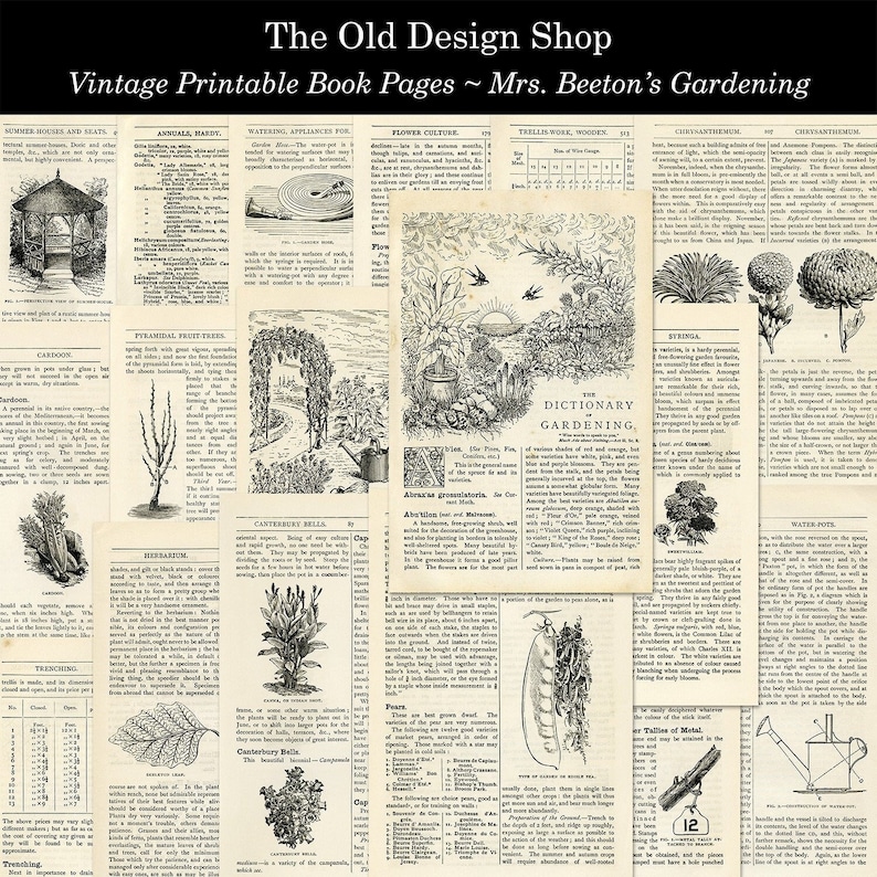May include: A vintage book page featuring illustrations and text on gardening. The page includes sections on flower culture, watering appliances, animal habits, and more. The text is in black and white and the illustrations are detailed and intricate.