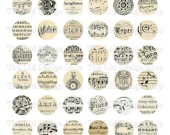 Printable 1-Inch Vintage Music Circles for Jewelry Junk Journals Cardmaking Supply Inch Round Neutral Ephemera Digital Download JPG Format