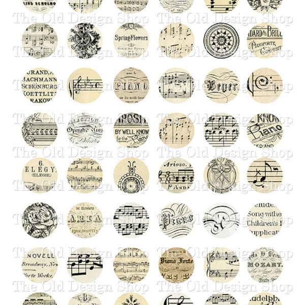 Vintage Music 1 Inch Circles Printable Digital Collage Sheet