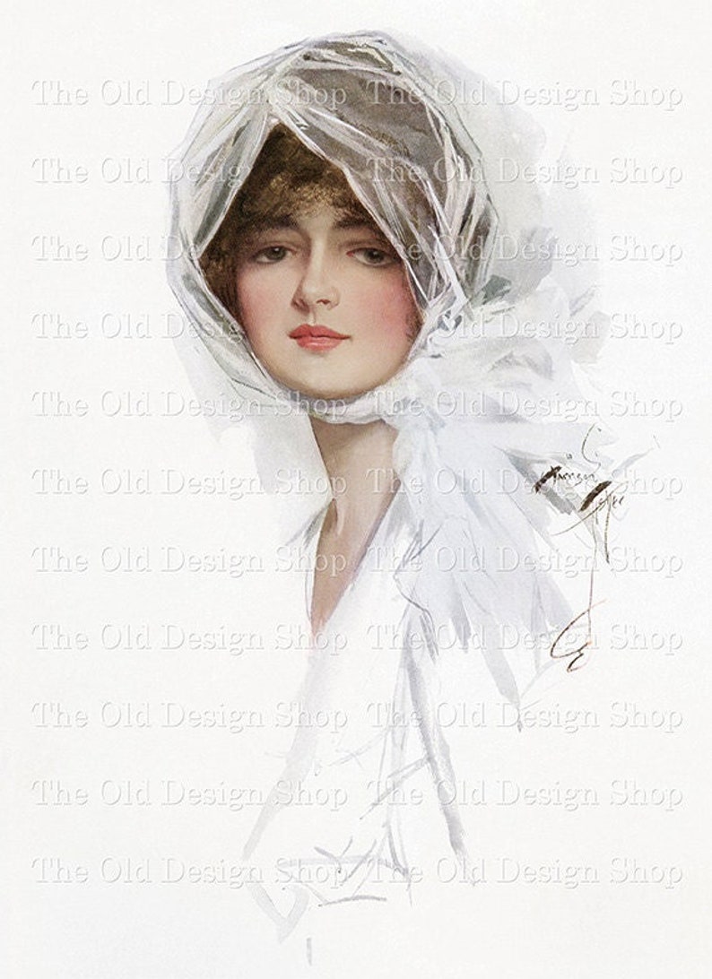 Harrison Fisher Victorian Lady in White Scarf Vintage Lady Graphics for Cardmaking Junk Journals Commercial Use Digital Download JPG Format image 1