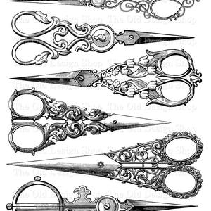 Antique Scissors Clip Art Vintage Sewing Scissors Illustration Digital Stamp Transfer Image image 1