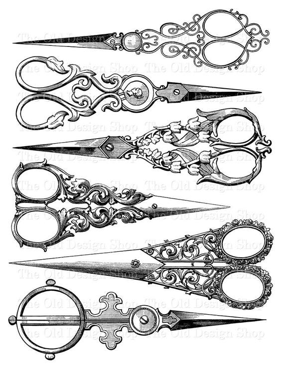 Antique Scissors Clip Art Vintage Sewing Scissors Illustration Digital  Stamp Transfer Image