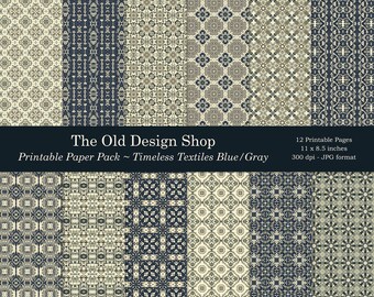 Blue and Gray Digital Papers Junk Journal Signature Pages Timeless Textiles Pattern Paper Pack Farmhouse Papers Printable Cardmaking Supply