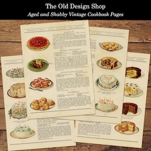 May include: Vintage cookbook pages with recipes for cakes, pies, and other desserts. The pages are yellowed and have a distressed look, giving them a vintage feel. The recipes include titles like "Strawberry Pie", "Mrs. Scott's Baked Apple Rose", "Individual Strawberry Shortcakes", and "Peach Dumplings".