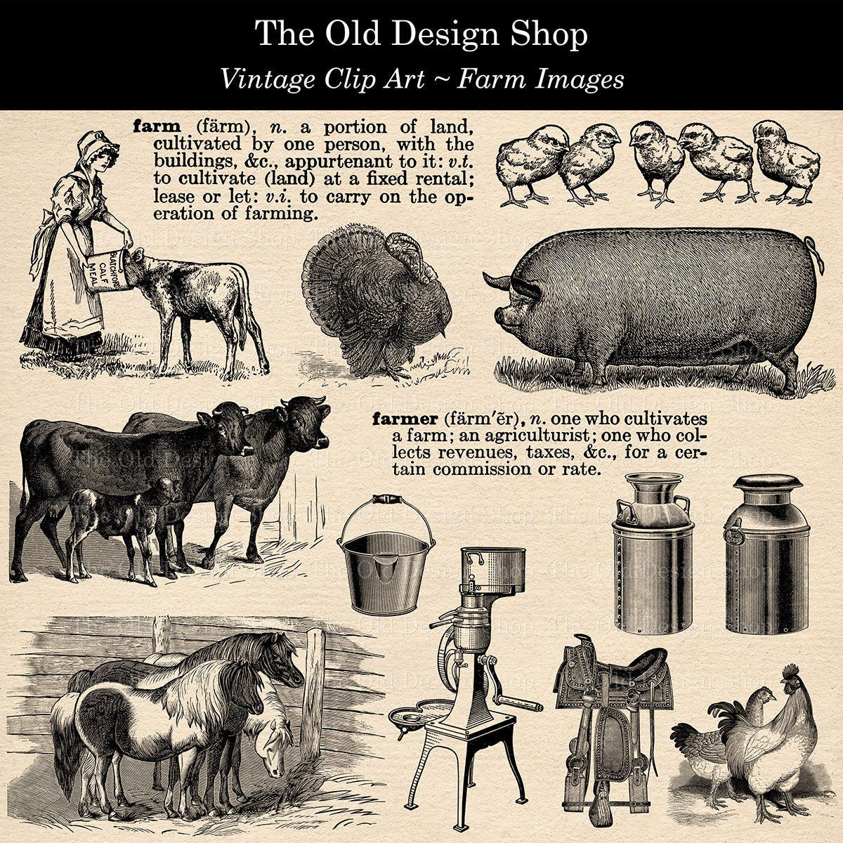 Farm Clip Art Vintage Printable Cow Calf Turkey Pig Horse | Etsy