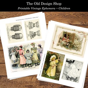 May include: A collection of vintage illustrations featuring children in various settings. The illustrations include a group of girls in dresses, a girl picking flowers, and a girl washing her hands. The illustrations are printed on white paper and have a vintage aesthetic.