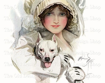 Harrison Fisher Lady Neutral Tones Dog Cardmaking Junk Journals Vintage Graphics Printable Feminine Clipart Commercial Use Digital Download