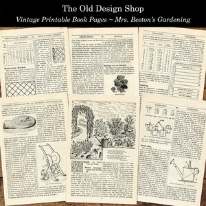 May include: Vintage book pages from Mrs. Beeton's Gardening, featuring illustrations and text about gardening techniques, including trellis work, sweet herbs, syringa, trenching, watering appliances, and water pots.