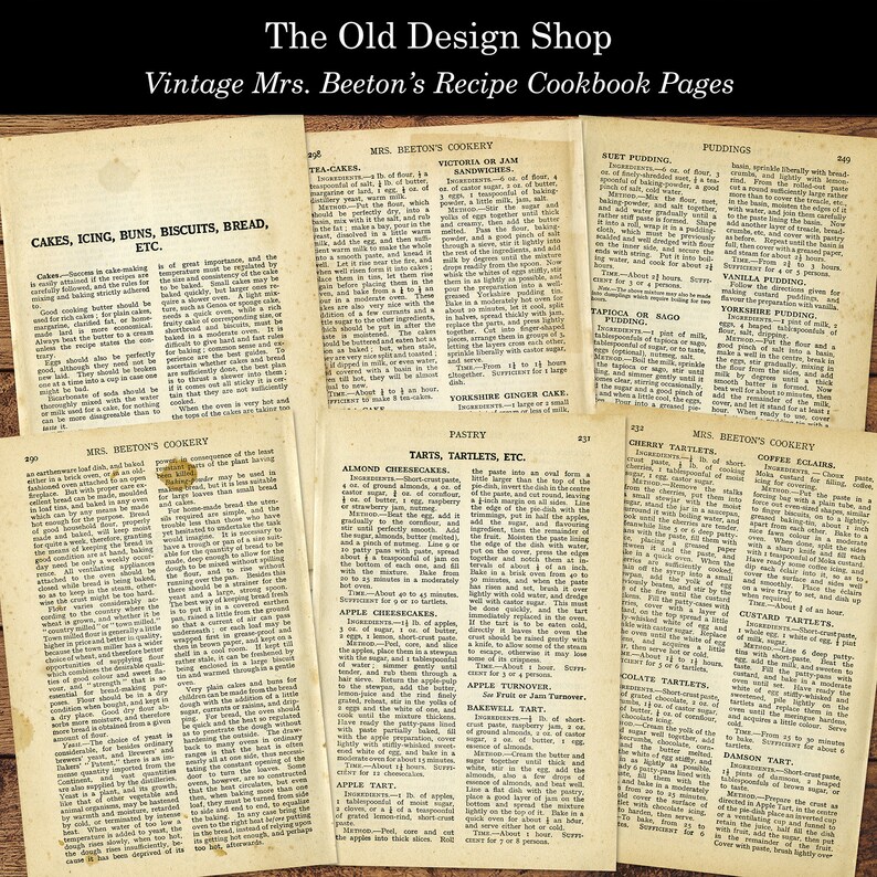 Peut inclure: Pages de livre de cuisine vintage de Mrs. Beeton pr&eacute;sentant des recettes de g&acirc;teaux, de puddings, de tartes et d'autres desserts. Les pages sont jaunies par le temps et comportent des notes manuscrites en marge.