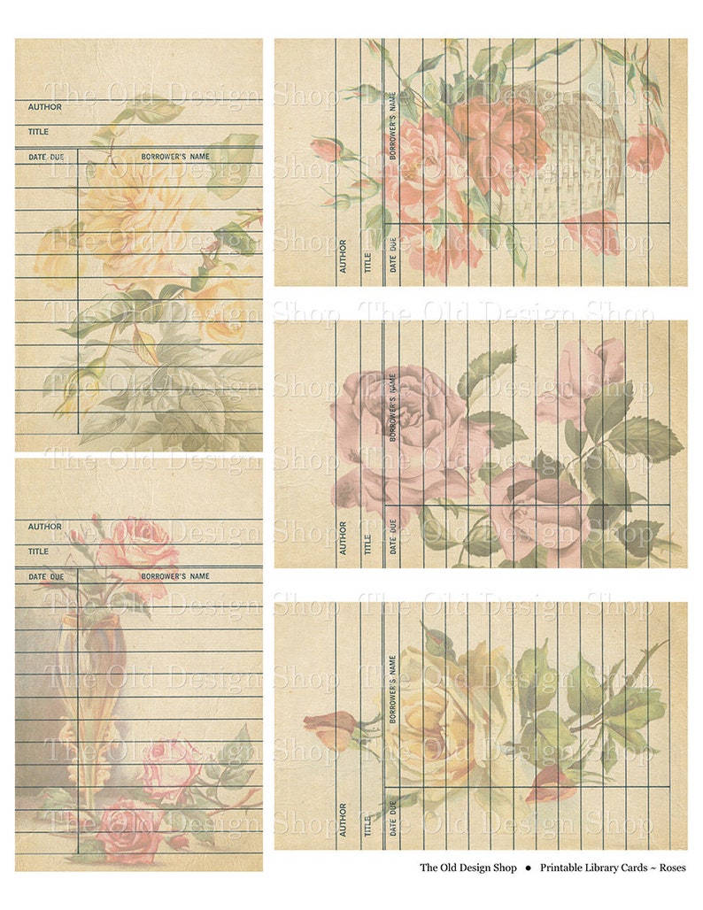 Vintage Style Library Cards Beige Background Floral Rose Designs ...