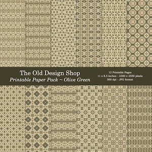 Puede incluir: Un paquete de papel imprimible con 12 páginas de diseños con patrones verde oliva. Los diseños presentan intrincados patrones geométricos en tonos de verde y beige. El paquete de papel mide 11 x 8,5 pulgadas y 300 dpi.