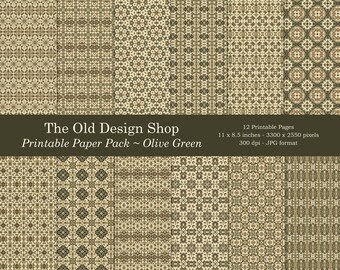 Antique Green Digital Paper Printable Vintage Inspired Olive Green Tapestry Pattern Collection Junk Journal Endpapers Cardmaking Supply JPG