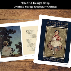 May include: A vintage book cover with a blue background and the title "A Child's Book of Old Verses" in white text. The cover features an illustration of a young girl in a red and white plaid dress holding a book. The text "With Pictures by Jessie Willcox Smith" is printed below the illustration.