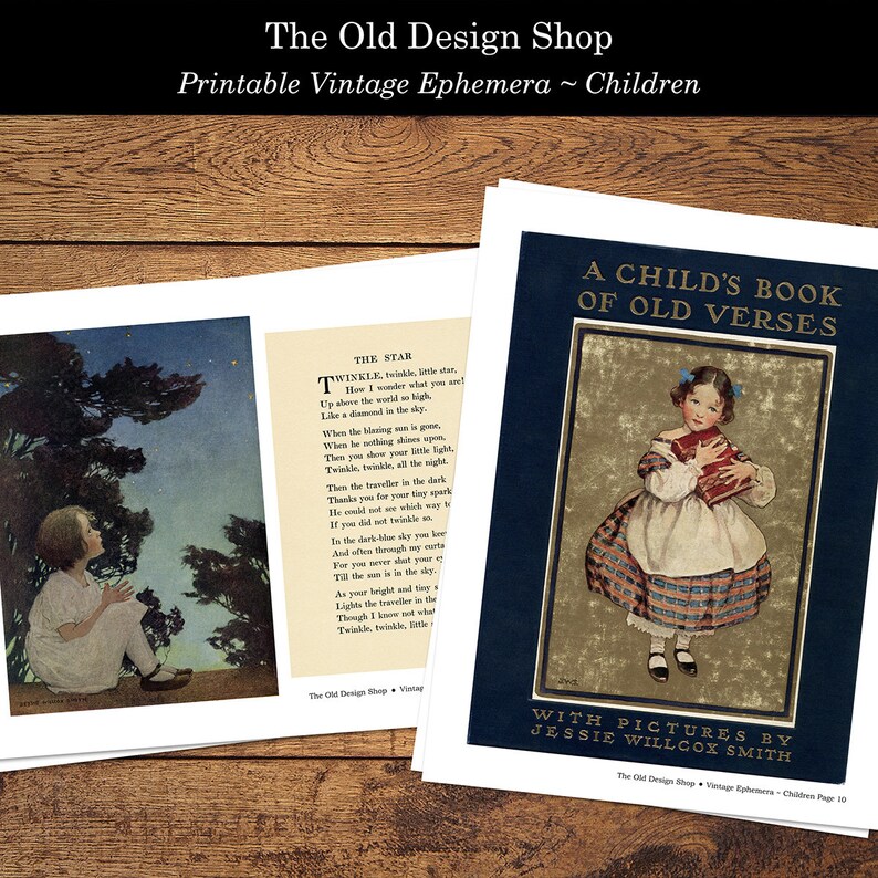 May include: A vintage book cover with a blue background and the title "A Child's Book of Old Verses" in white text. The cover features an illustration of a young girl in a red and white plaid dress holding a book. The text "With Pictures by Jessie Willcox Smith" is printed below the illustration.