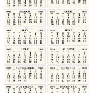 May include: Printable 2026 calendar cards featuring a black and white design. Each month is displayed on a separate card, with the year and days of the week clearly marked. The Old Design Shop.