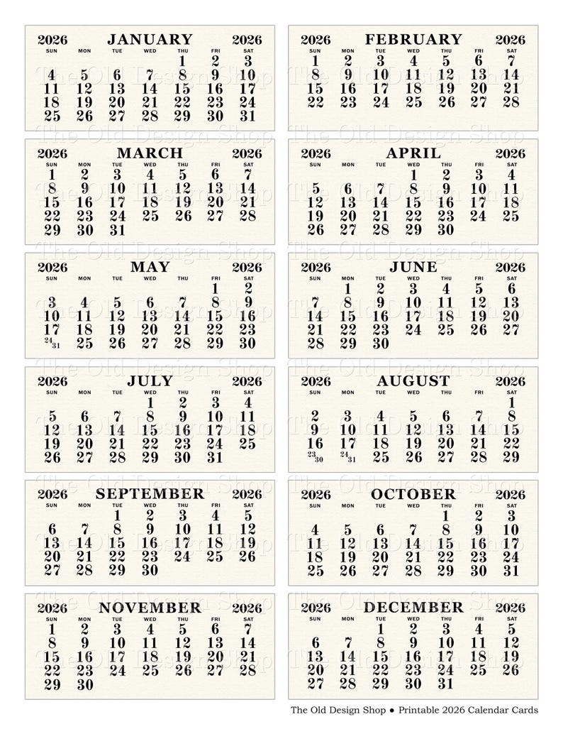 May include: Printable 2026 calendar cards featuring a black and white design. Each month is displayed on a separate card, with the year and days of the week clearly marked. The Old Design Shop.