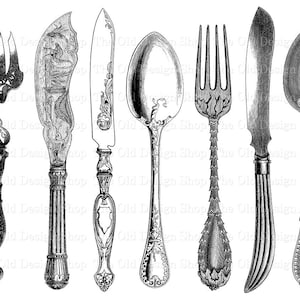 Besteck Clipart druckbare Gabel Messer Löffel Vintage Silber Set 2 voll kommerzielle Nutzung digitaler Stempel Transferbild PNG JPG Formate